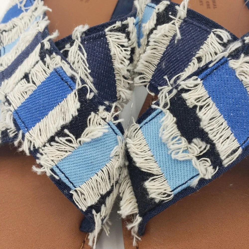 Toms Viv Navy‎ coupe denim slide blue fray crisscross straps slip on sandals NIB